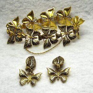 1950's Demascene Butterfly Link Bracelet and Clip-on Earrings